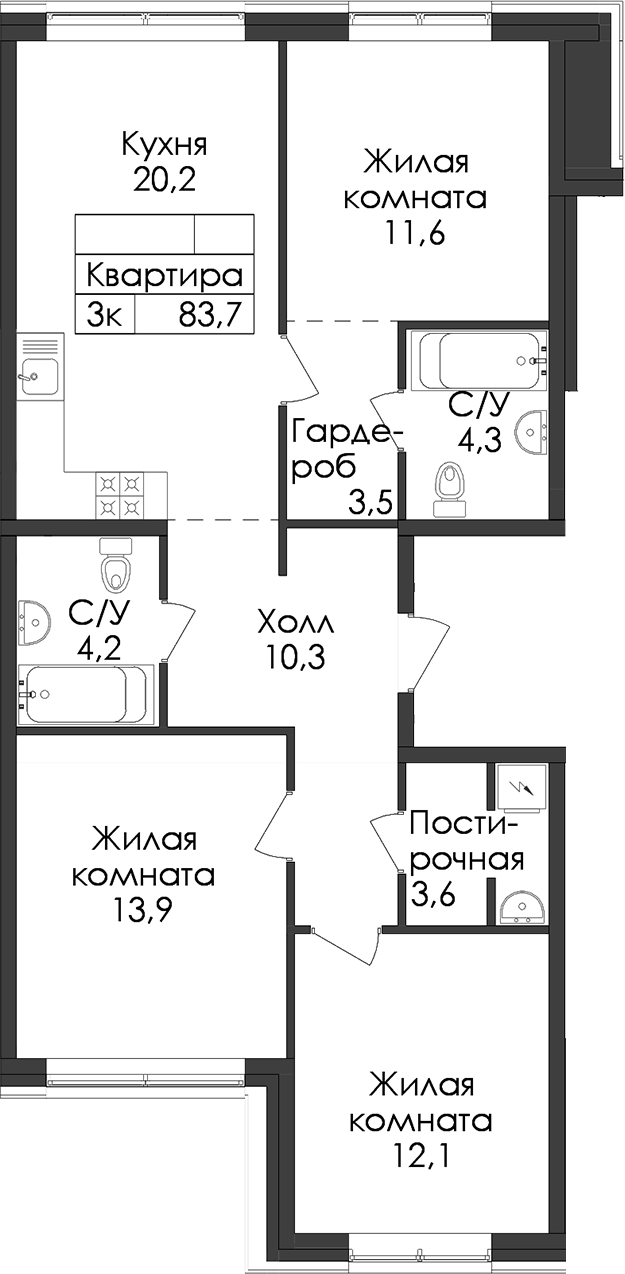 3-комнатная квартира 83.7 м², 1/9 эт., ЖК «Лермонтовский 54»